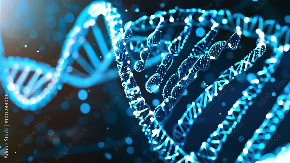 Poster a digital representation of a dna double helix with a glowing blue effect and a bokeh background.