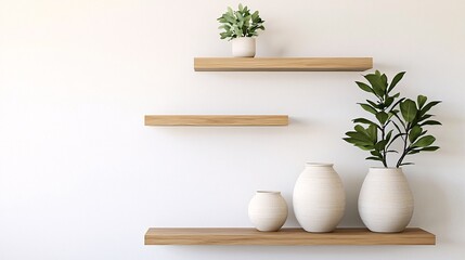Modern shelves display minimalist vases and greenery, adding a touch of elegance and tranquility to interior decor.