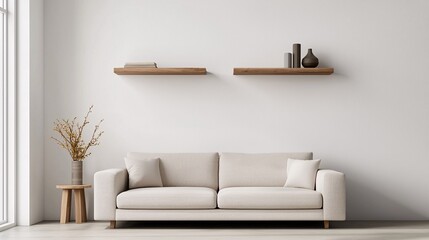A minimalist living room featuring a light-colored sofa, wooden shelves, and decorative items, creating a cozy and inviting atmosphere.