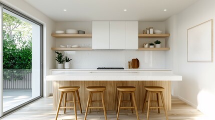 A modern kitchen features sleek design, light wood elements, open shelving, and bar stools, creating a welcoming and functional space.