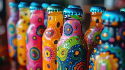 Craft soda packaging with vibrant designs, artistic and dynamic, Culinary, Bright hues, Photograph, Marketing creativity