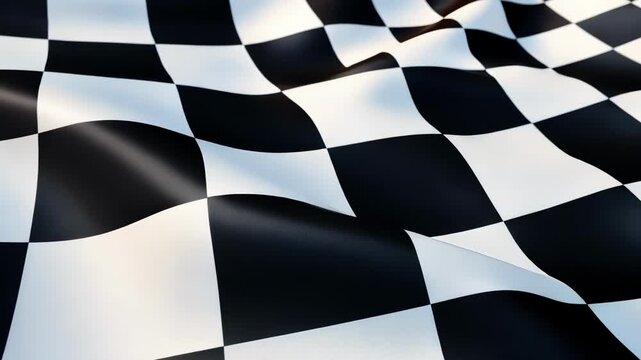 Checkered flag waving, creating dynamic black and white background. Perfect for racing, speed, victory projects.