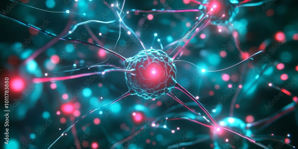 Poster cluster of biotech cells: show clusters of interconnected biotech cells, with a modern, sleek appear