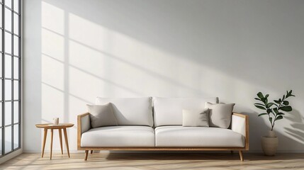 A minimalist living space featuring a cozy sofa, wooden table, and a plant, illuminated by sunlight streaming through large windows.