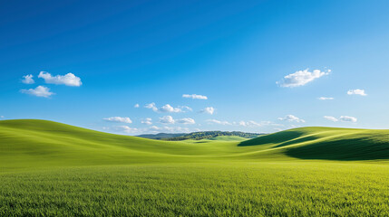 Fototapeta premium Vast Green Rolling Hills under Bright Blue Sky with Scattered White Clouds on a Sunny Day
