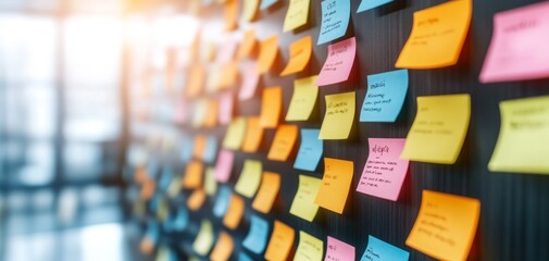 A vibrant collection of colorful sticky notes on a black board, symbolizing creativity, brainstorming, and organization in a modern workspace.