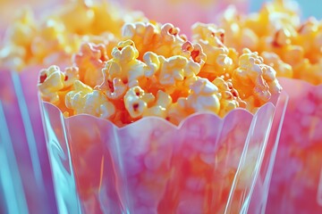 Delicious and buttery popcorn in colorful paper cups, perfect for movie nights and snack time.