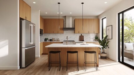 A modern kitchen featuring wooden cabinets, a large island with seating, and natural light from a glass door.