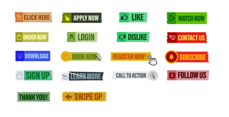 Read More, learn more, buy now, download, watch now, like, book, follow, swipe up, order now, thank you,  more colorful button set. UI UX website strips of ripped textured adhesive colorful button set