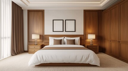 A serene, modern bedroom featuring wood accents, two bedside lamps, and empty frames on the wall, creating a cozy and inviting atmosphere.