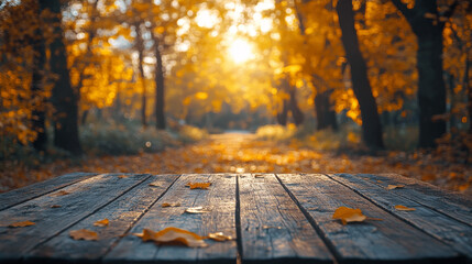 Rustic wooden table in a fall forest setting.
