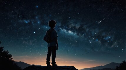 Fototapeta premium A young boy stands on a hilltop, gazing at the night sky filled with stars and shooting stars, silhouetted against the Milky Way.