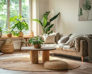 Fototapeta premium Ecofriendly living room with sustainable materials, modern and inviting, Urban, Soft greens, Photograph, Green living