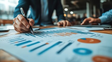 Close-up of business professional analyzing financial data with graphs and charts