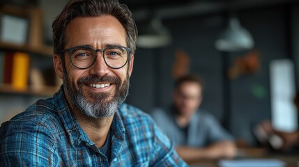 Obraz premium Happy man wearing glasses in a casual office setting