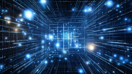 Abstract digital background with glowing particles and stars. Binary code. Futuristic for tech projects. High resolution.