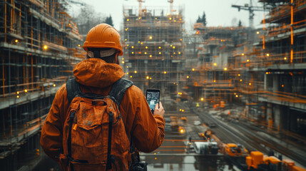 Obraz premium Construction worker checking plans on a tablet.
