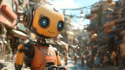 Friendly Robot in a Futuristic City 3D Illustration