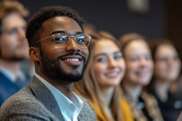 Diversity business audience group smiles and happy listening to male speaker giving a speech in corporate seminar event at conference room, Generative AI