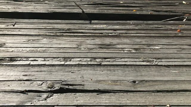 Weathered Wooden Deck with Cracked and Warped Planks in Natural Light, Capturing Aging, Rough Texture, and Subtle Autumn Leaves on a Rustic Outdoor Surface