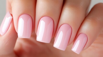 A close-up view of a hand with pastel pink nail polish on slender fingers against a bright...