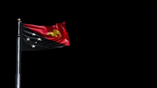 Raising the flag of Papua New Guinea, transparent background, 3d animation 4k alpha channel