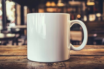 Fototapeta premium A blank white mug on a rustic wooden table in a cozy cafe setting, perfect for showcasing branding or personal designs.