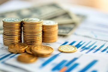 A close-up of gold coins stacked on financial documents, showcasing investment growth and the importance of smart finance management.
