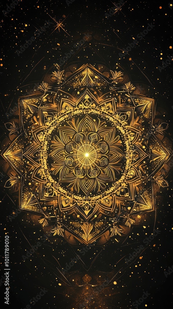 Wall mural a stunning golden mandala design with intricate details set against a cosmic background, evoking a s