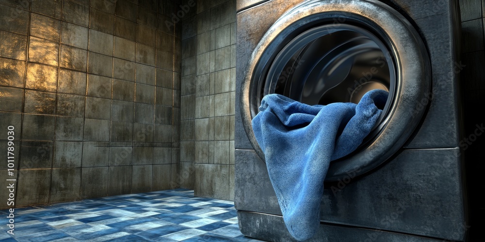 Poster Washing Machine in Use: Illustrate a washing machine with clothes inside, emphasizing its efficiency and role in everyday household chores.