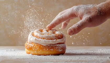 Fototapeta premium A hand gently touches a frosted cinnamon roll, creating a sprinkle of flour in a cozy kitchen setting.