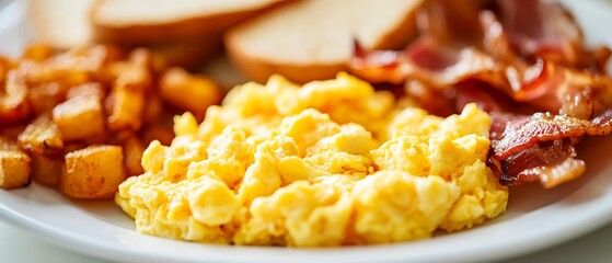 Fluffy Scrambled Eggs with Hash Browns and Crispy Bacon