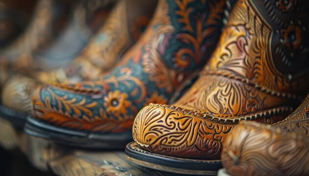 Handmade shoes with intricate designs, artistic and stylish, Artisan, Soft tones, Photograph, Craftsmanship