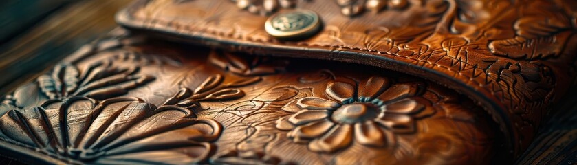 Handmade wallet with intricate designs, artistic and stylish, Artisan, Soft tones, Photograph, Craftsmanship