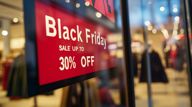 photograph of Close up of red text Black Friday SALE UP TO 30% OFF in front of the window display at a fashion store