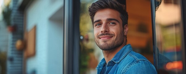 Obraz premium Young Man Opening Door, Generative AI