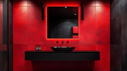 Black and red bathroom with mirror 