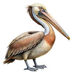 Fototapeta premium Pelican bird with large beak and long neck standing on a clean transparent background representing its coastal nature.