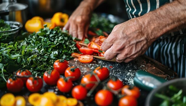 Organic cooking classes with fresh ingredients, vibrant and healthy, Culinary, Bright hues, Photograph, Green living