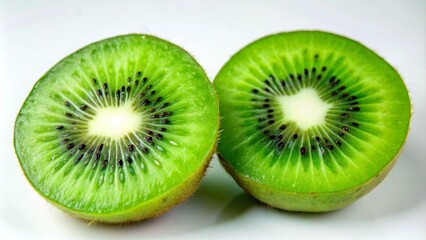 Fototapeta premium Two halves of a kiwi fruit, showing the green flesh, black seeds and white core.