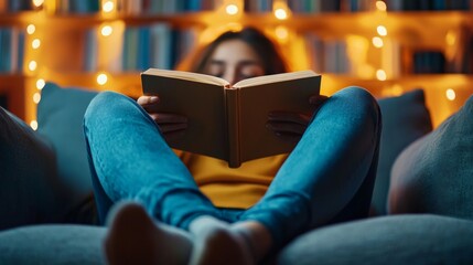Obraz premium A cozy reading corner where someone is immersed in a self-help book on positive psychology, showing how learning can be a tool for happiness hacking
