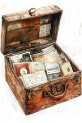 Watercolor of a Wooden Box Filled with Vintage Postcards

