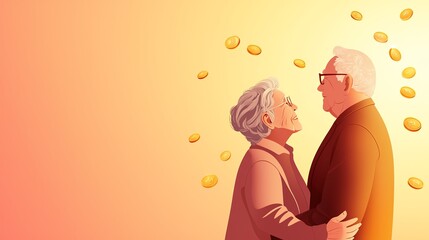 Elderly couple in love with coins, warm background
