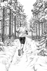 Coloring book illustration of an athlete jogging on a snow covered trail in a forest during winter Winter sports healthy habits outdoor activity