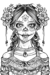 Coloring book illustration of a girl painted as a zombie for a festive celebration showcasing vibrant traditional elements associated with cultural heritage