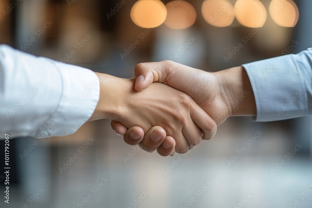 Wall mural businessman and businesswoman shaking hands at group board meeting. professional business executive 