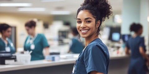 Patient Scheduling Systems: Create an image of a receptionist using digital scheduling software to manage patient appointments at the hospital front desk.