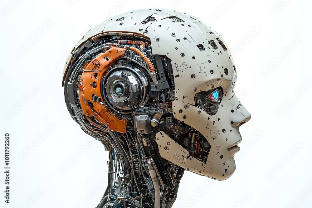 Poster a white backdrop with a robot's brain. generative ai