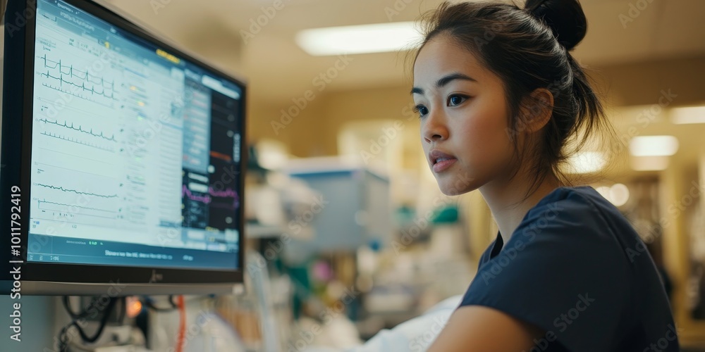 Poster nurses at work: illustrate a nurse attentively monitoring a patient and documenting vital signs on a