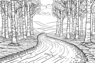 Fototapeta premium Coloring book illustration of a winding gravel road bordered by birch trees featuring converging lines in the horizon and showcasing an autumn landscape